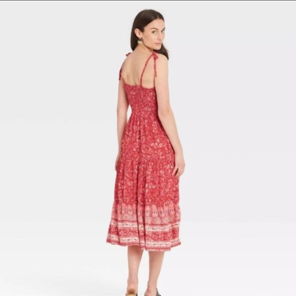 Knox Rose | Floral Smocked Tie-Strap Tiered Ruffle Red Midi Dress NWT | M - Picture 2 of 12